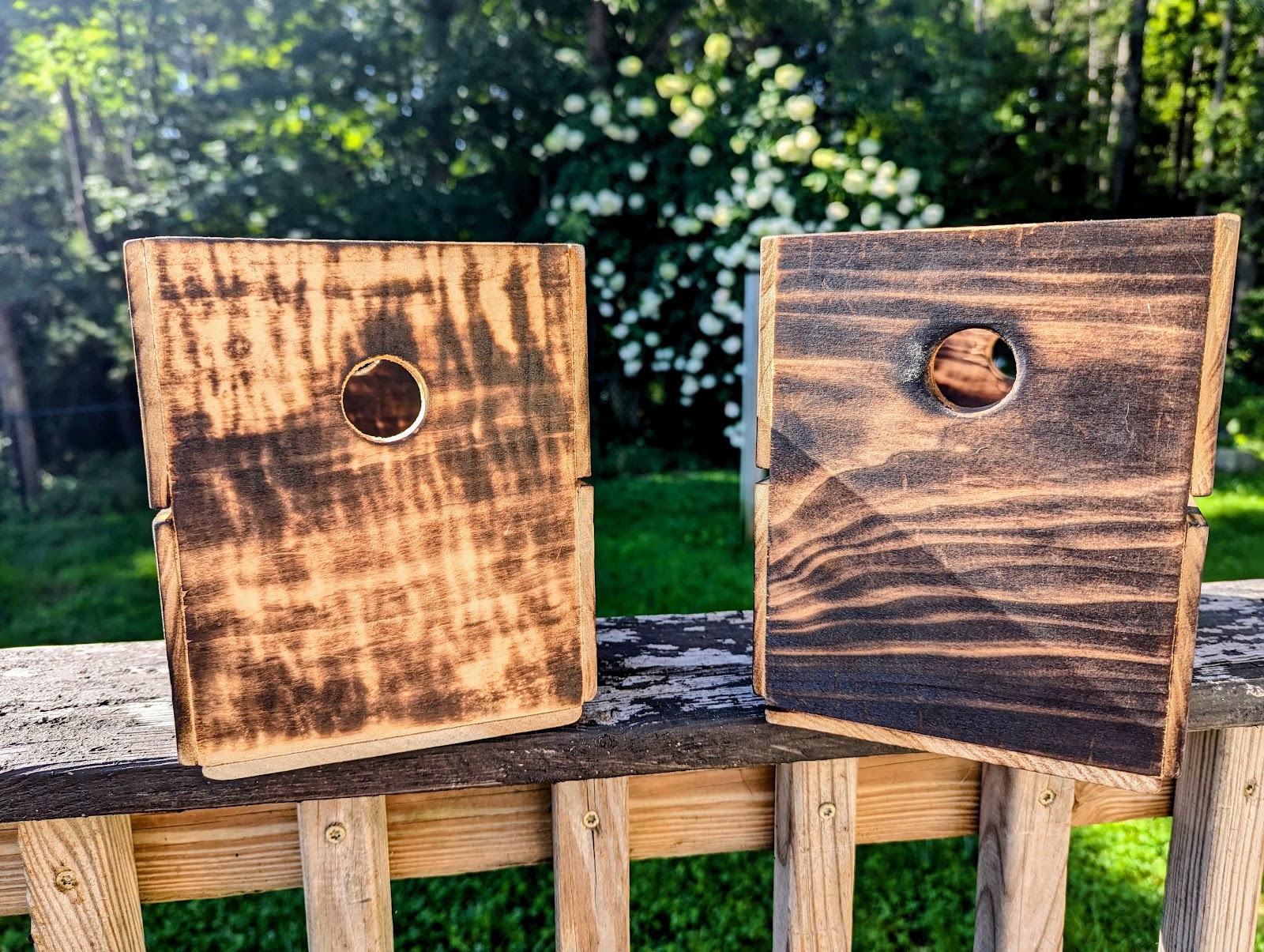 Custom cornhole boards with torched wood grain finish