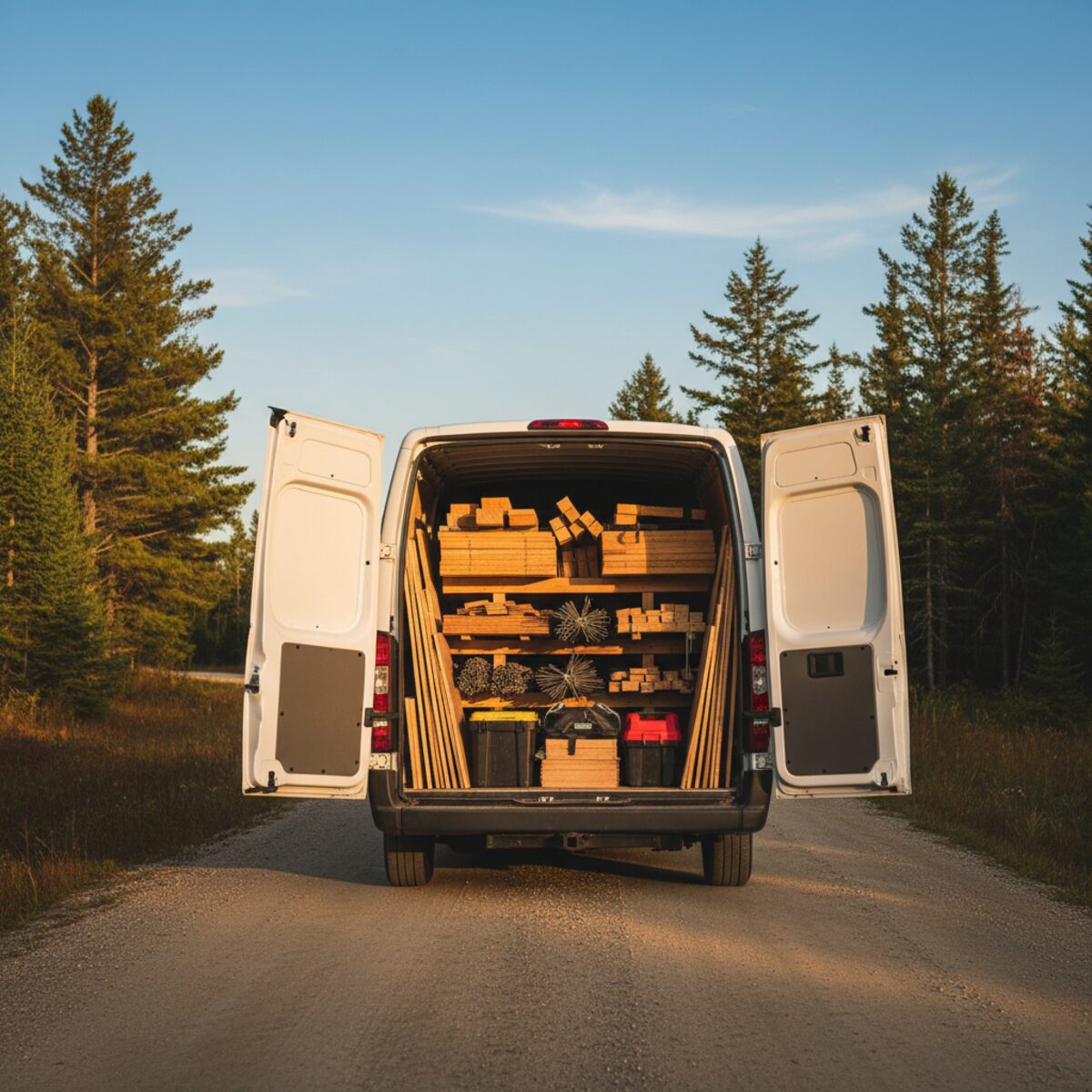Dave's 12-foot high-top cargo van loaded with a full stack of lumber, doors open on a rural Maine road