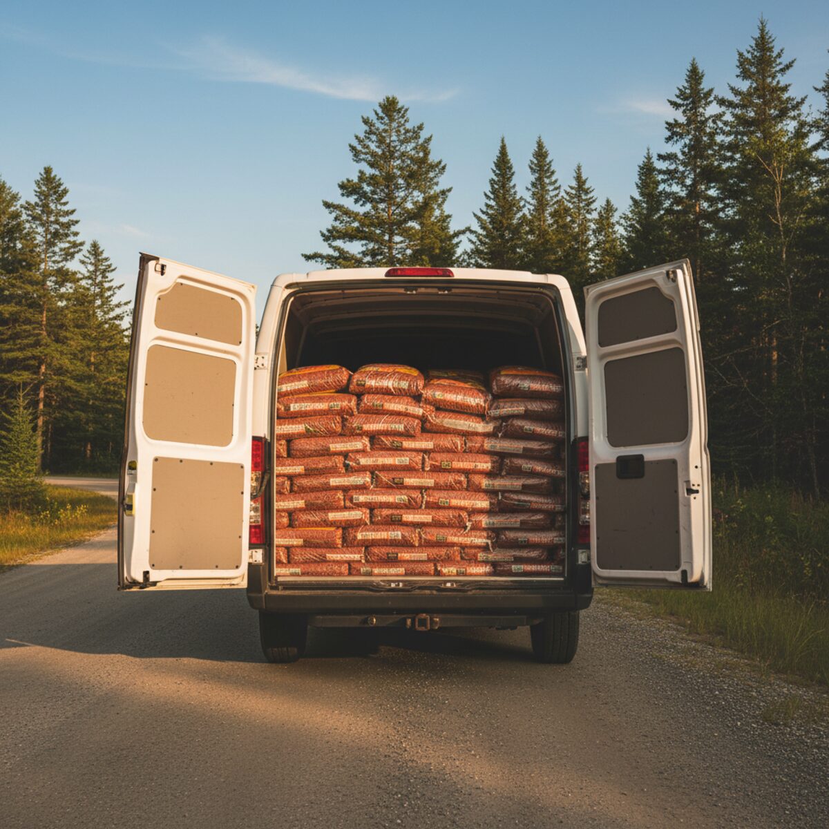 Cargo van loaded with stacked bags of cedar mulch, rear doors open on a rural Maine road